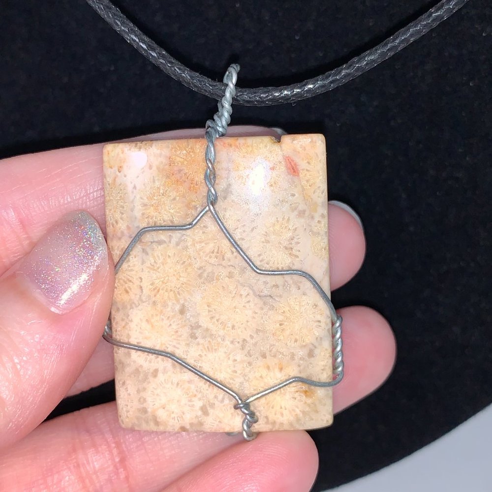 20" Braided Leather necklace with Wire wrapped Fossilized Coral Pendant - Picture 3 of 8